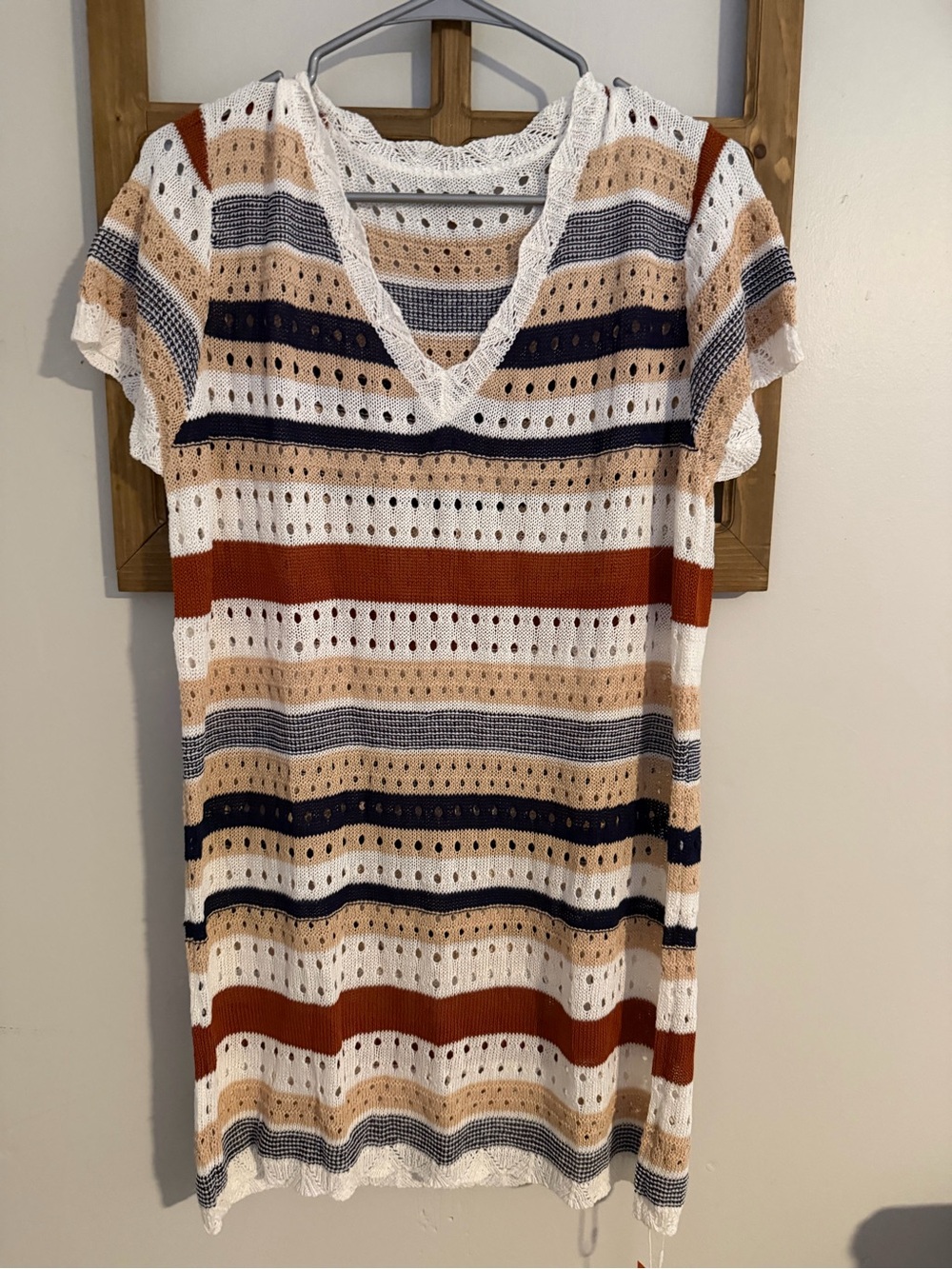 Striped Knit V-Neck Tunic Dress in Cream, Rust & Navy